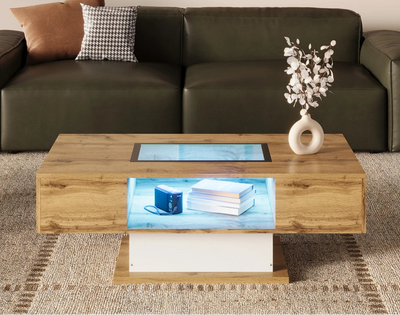 Table basse bois et verre moderne avec LED et rangements