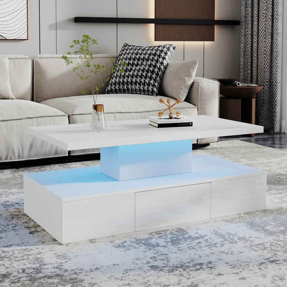 Table basse rectangulaire noire à double plateau avec LED et rangement