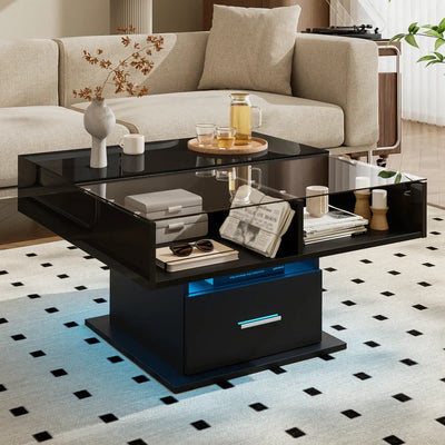 Table basse relevable avec LED et rangement