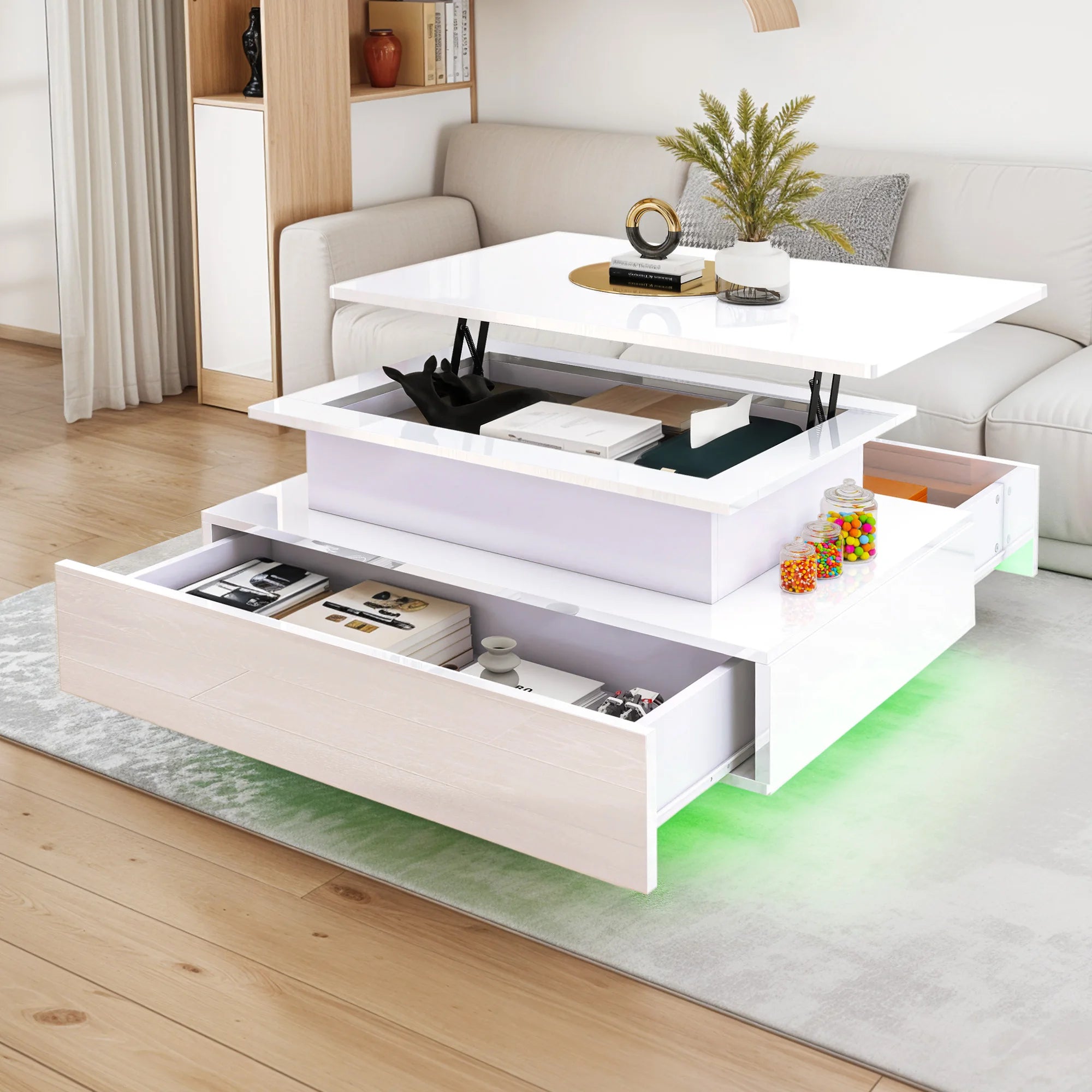 Table basse relevable moderne avec LED et tiroirs