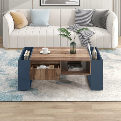 Table basse moderne bois et bleu profond avec rangement