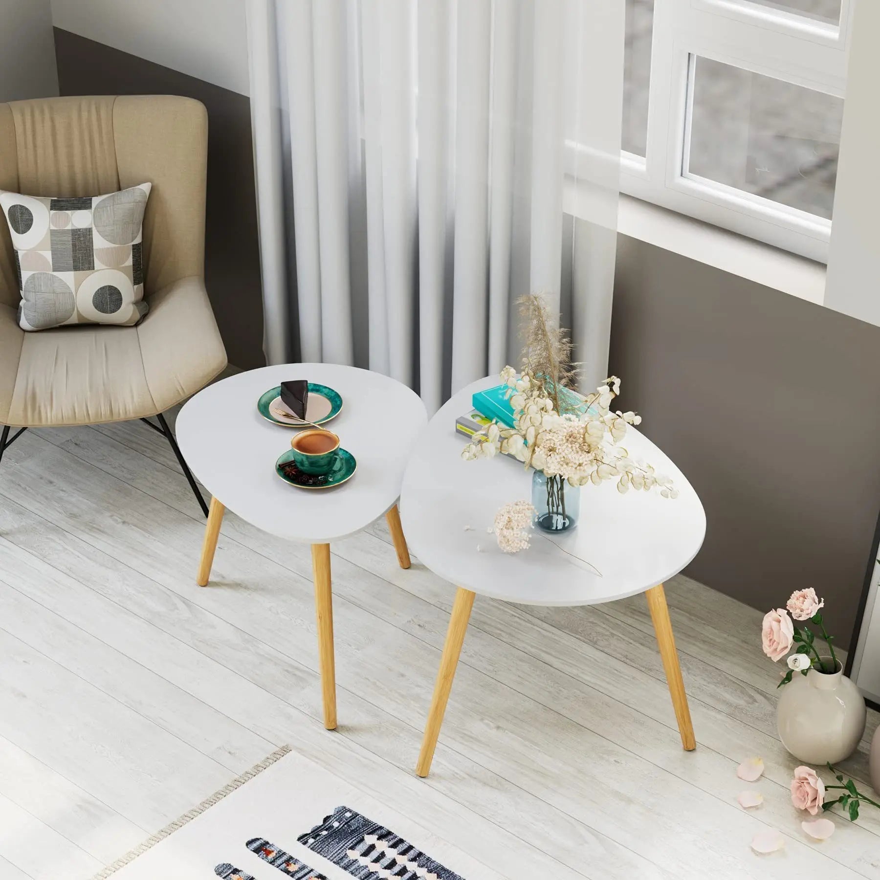 Table basse gigogne ovale blanche et bois scandinave