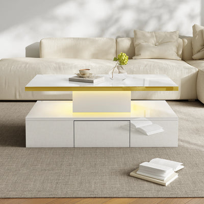 Table basse design à 2 niveaux avec tiroir et LED