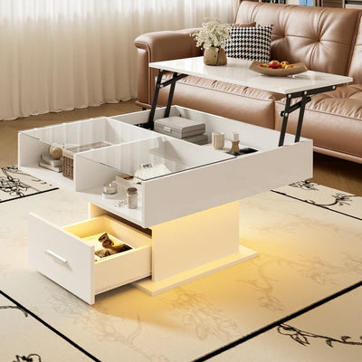Table basse relevable avec LED et rangement