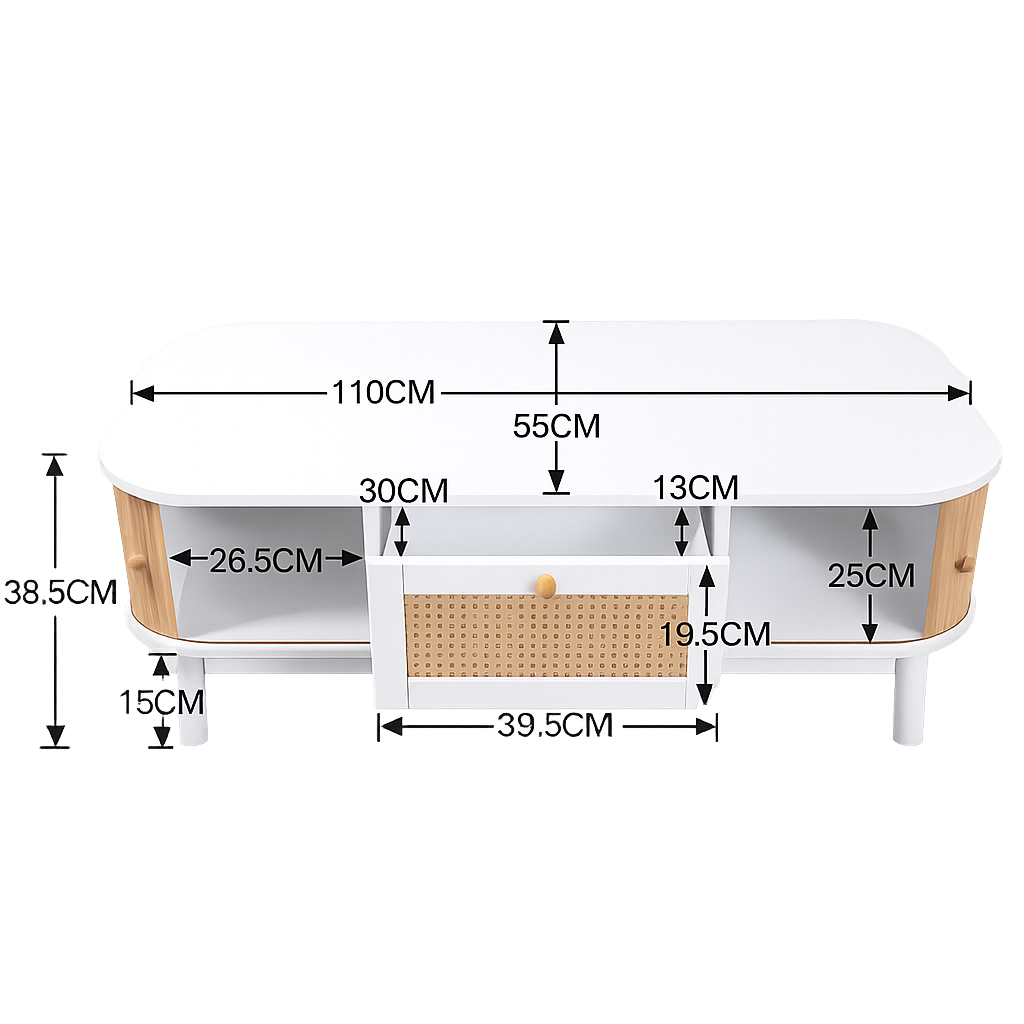 Table basse en bois et rotin avec rangements