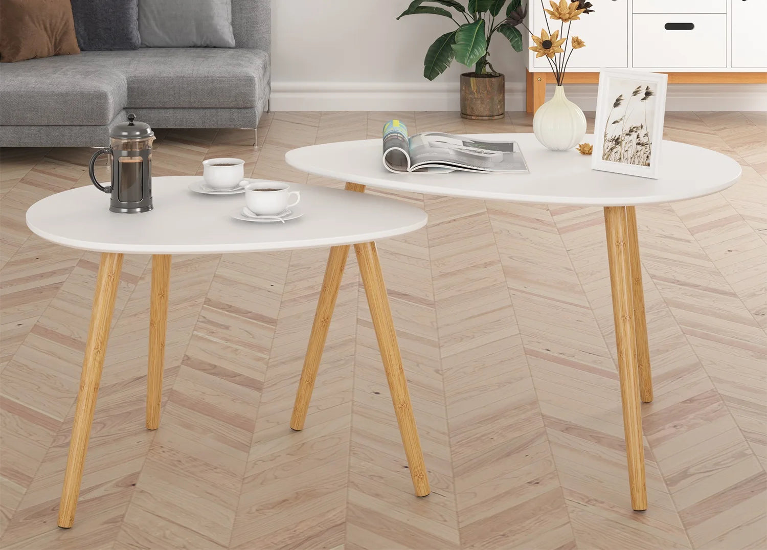 Table basse gigogne ovale blanche et bois scandinave