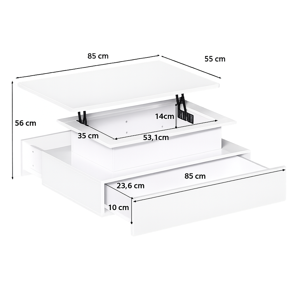 Table basse relevable moderne avec LED et tiroirs