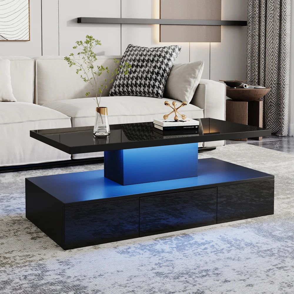 Table basse rectangulaire noire à double plateau avec LED et rangement