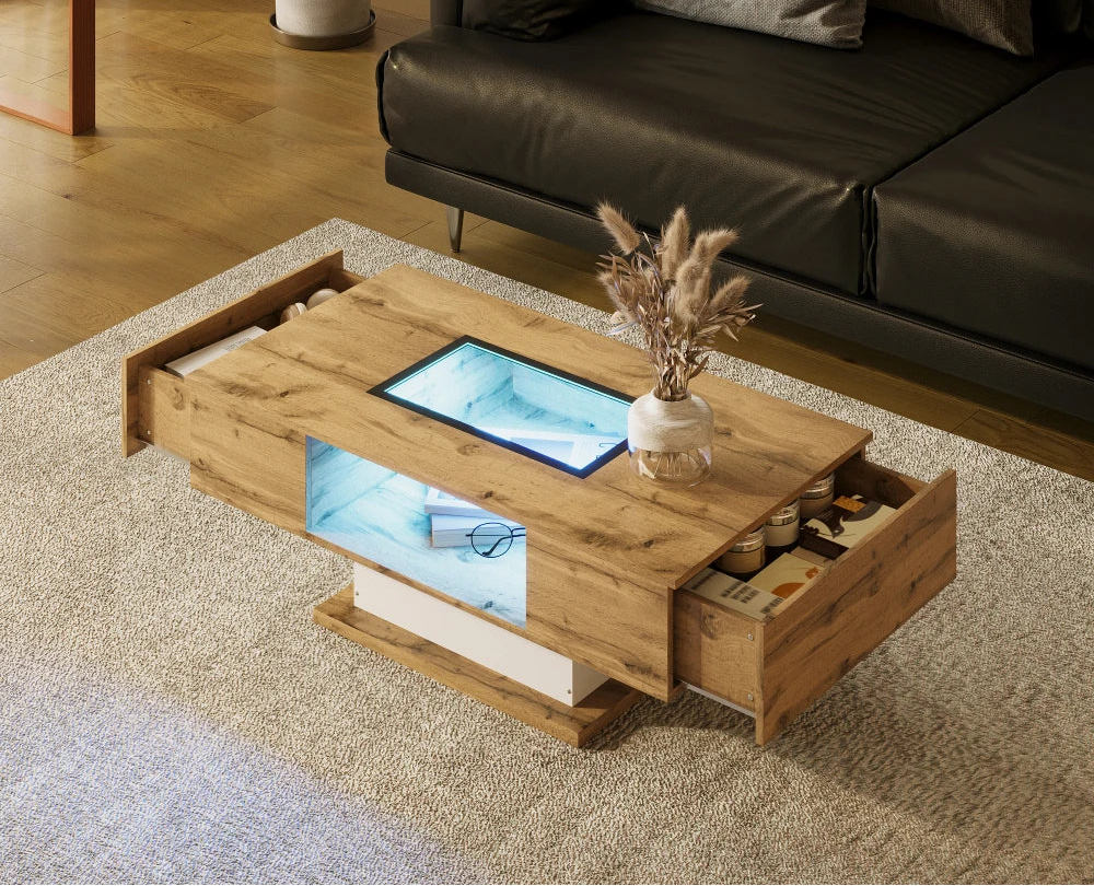 Table basse bois et verre moderne avec LED et rangements