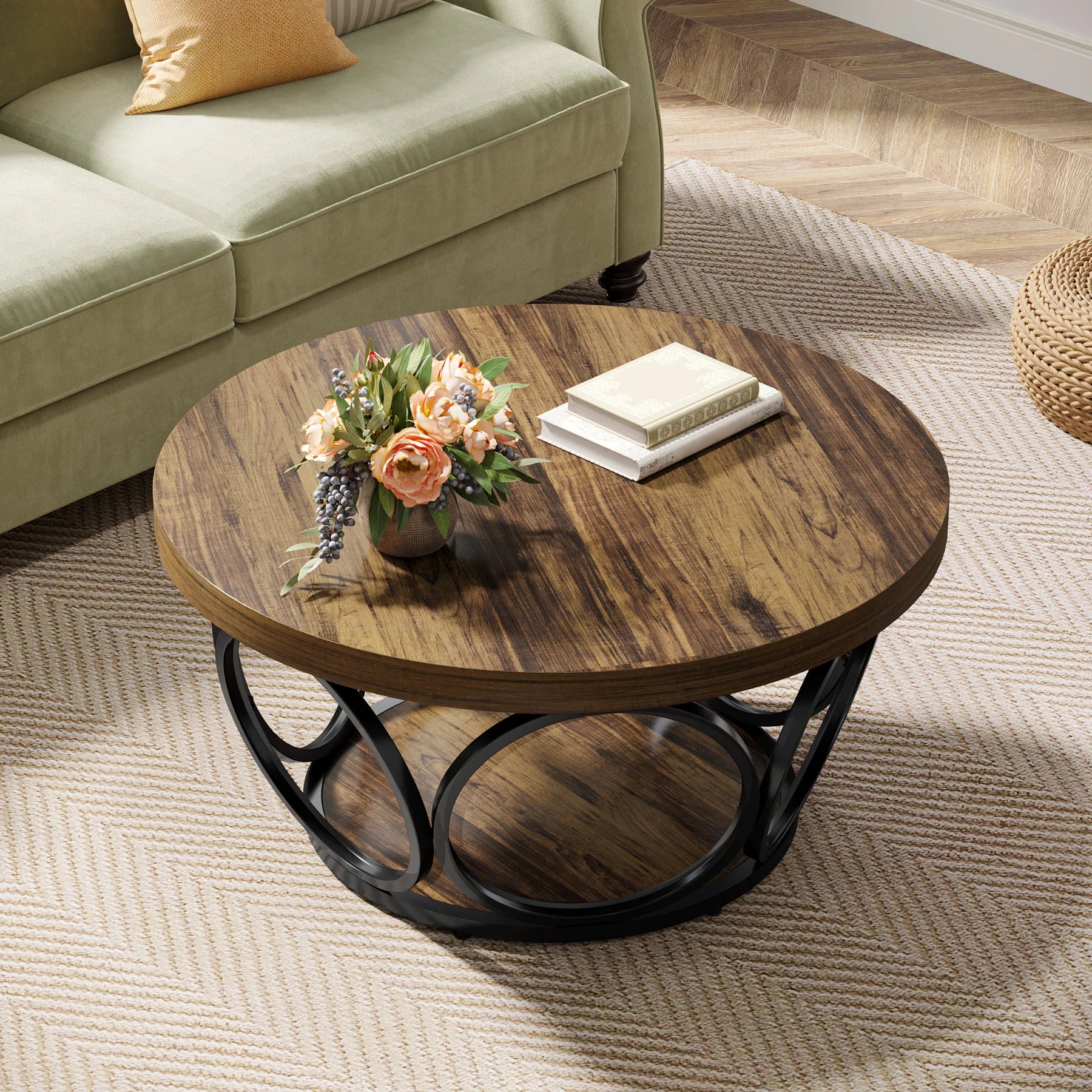 Table basse ronde bois avec rangement à 2 niveaux au style rustique