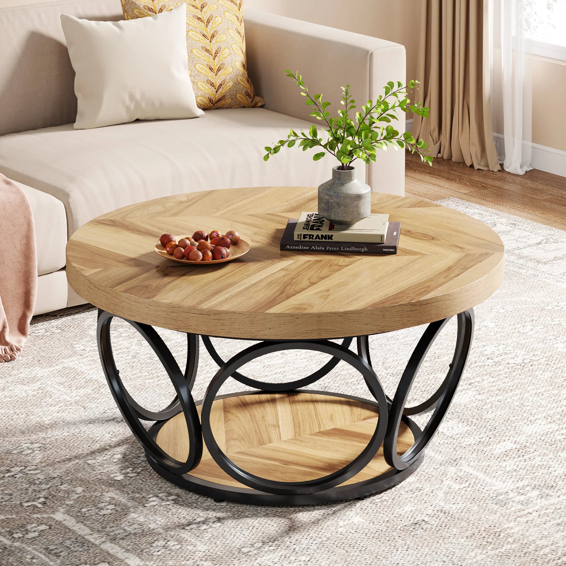 Table basse ronde bois avec rangement à 2 niveaux au style rustique