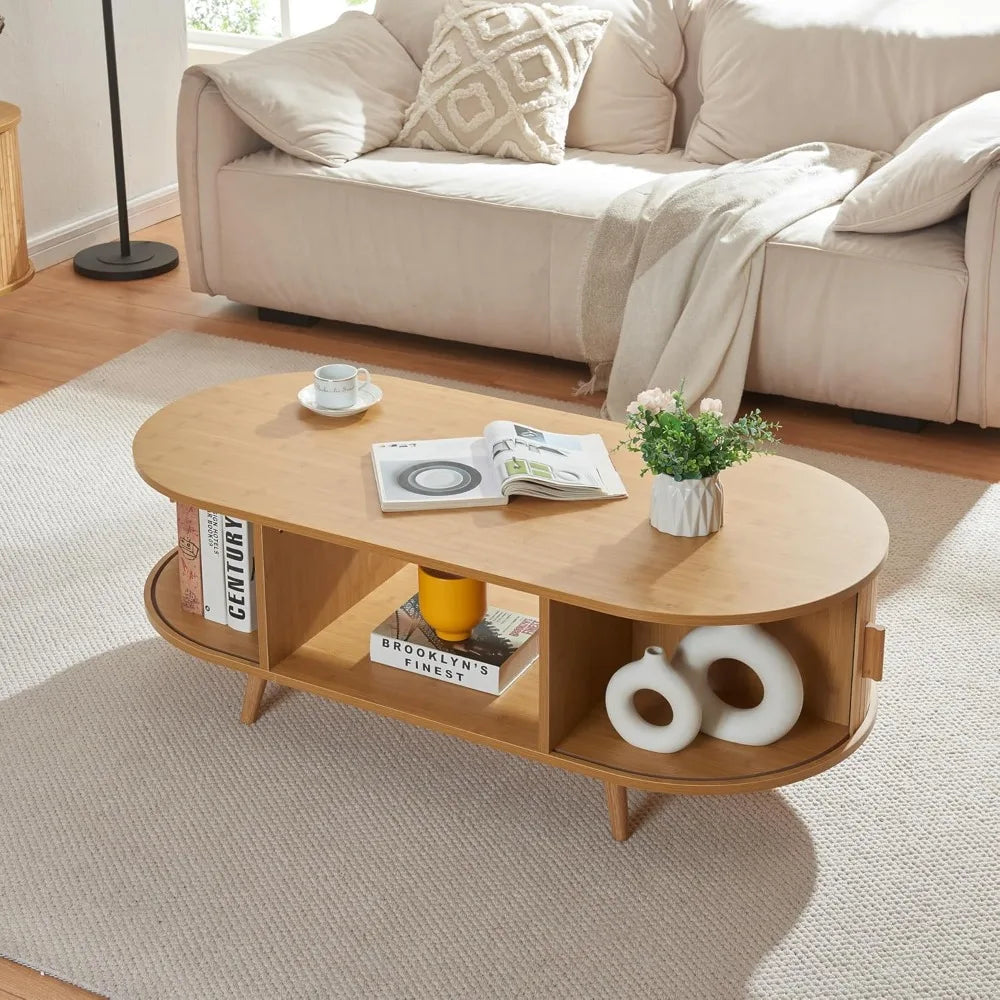 Table basse ovale bois avec rangement au style scandinave