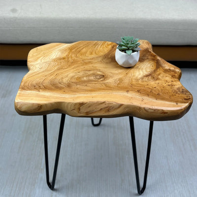 Petite table basse en bois brut au design organique