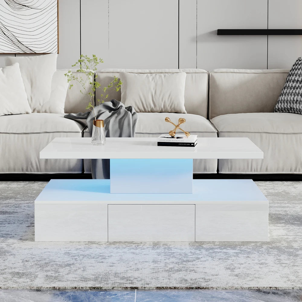 Table basse rectangulaire noire à double plateau avec LED et rangement