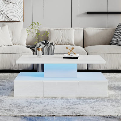 Table basse rectangulaire noire à double plateau avec LED et rangement