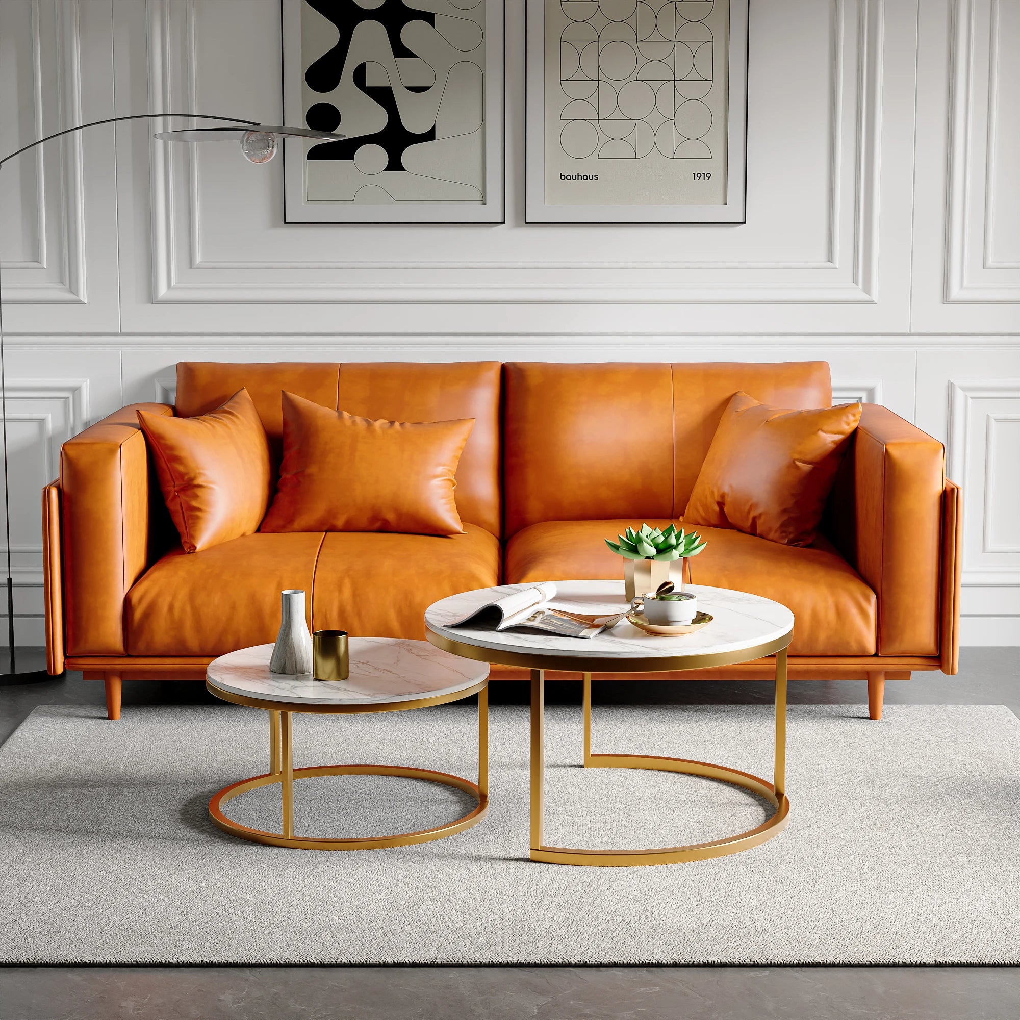 Table basse gigogne ronde effet marbre et doré