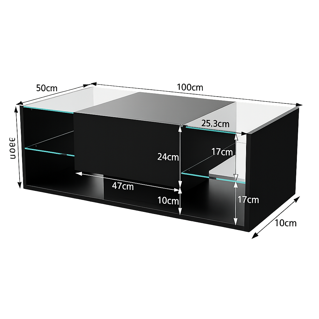 Table basse noire avec étagères en verre et éclairage LED