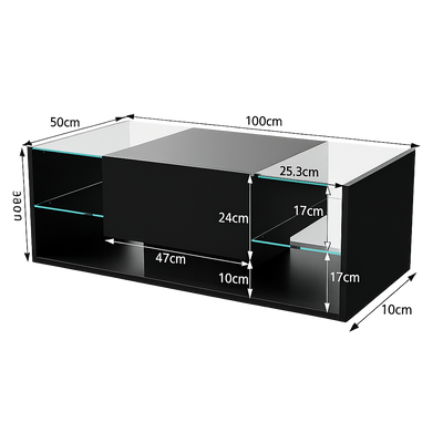 Table basse noire avec étagères en verre et éclairage LED