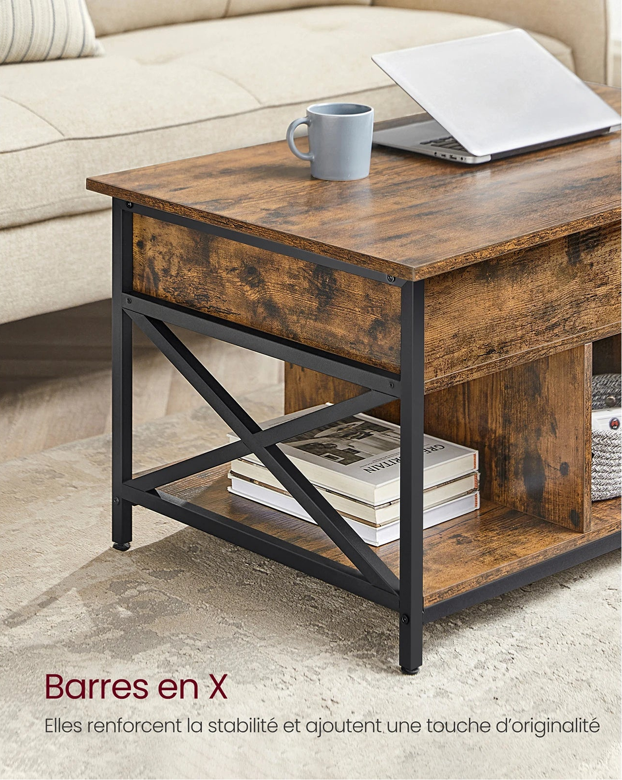 Table basse relevable bois et métal avec rangement