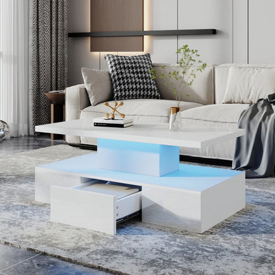 Table basse rectangulaire noire à double plateau avec LED et rangement