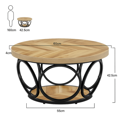 Table basse ronde bois avec rangement à 2 niveaux au style rustique