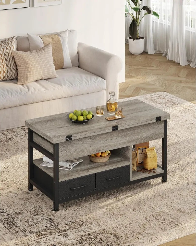 Table basse relevable extensible grise avec rangements