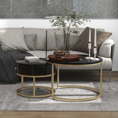 Table basse ronde gigogne effet marbre design noir