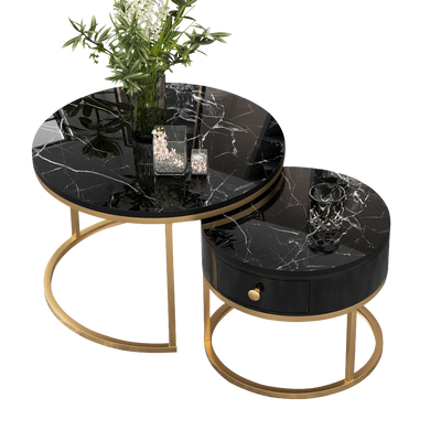 Table basse ronde gigogne effet marbre design noir