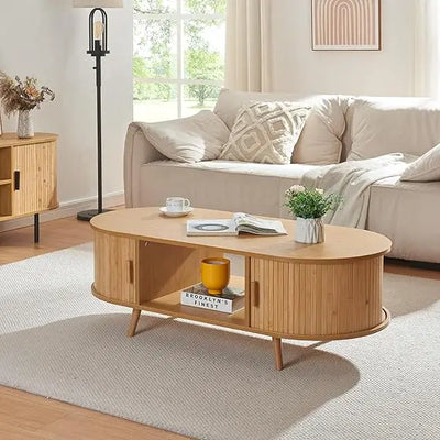 Table basse ovale bois avec rangement au style scandinave