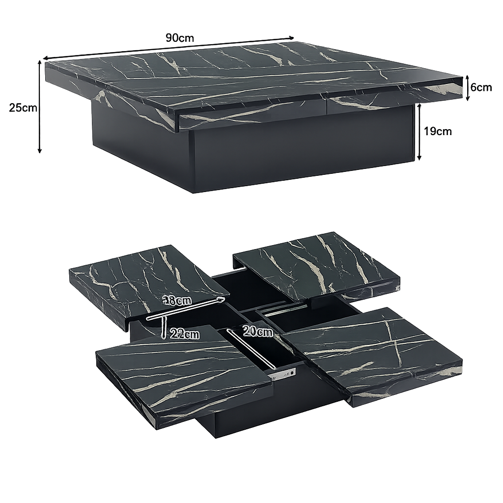 Table basse carrée avec tiroirs et plateau coulissant