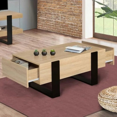 Table basse rectangulaire en bois avec tiroirs au design industriel