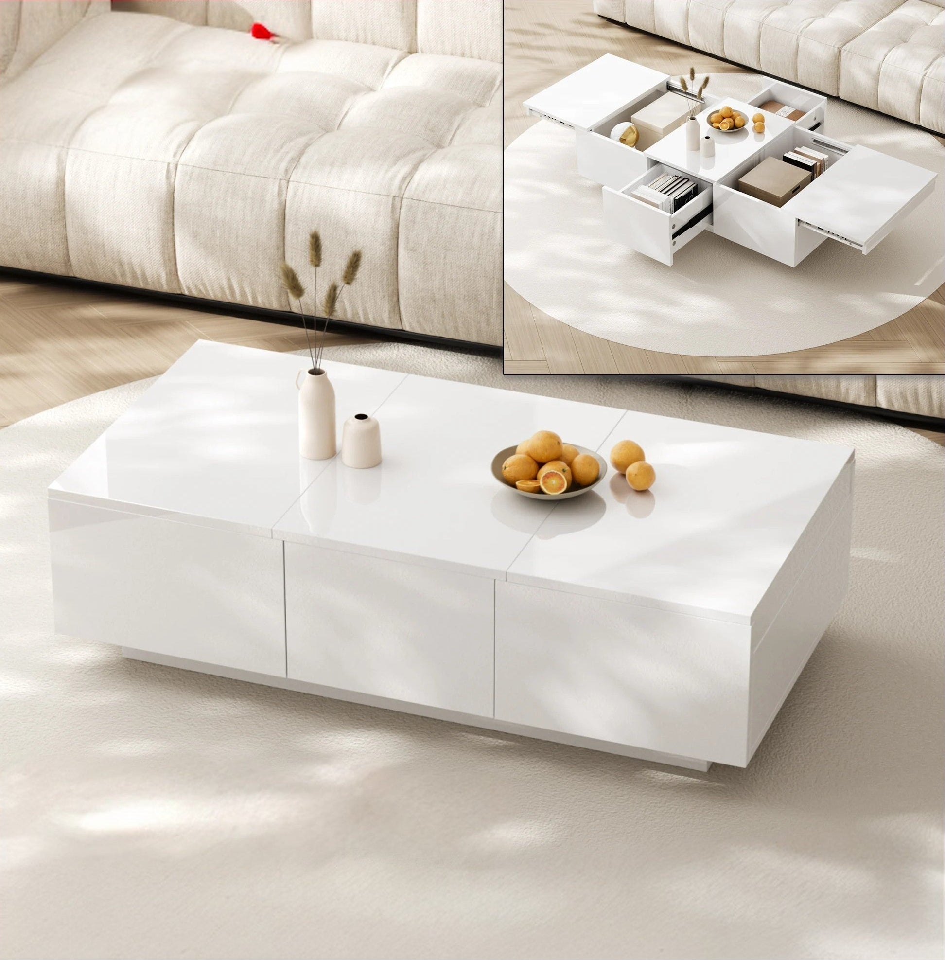 Table basse blanche laquée avec rangement et tiroirs design