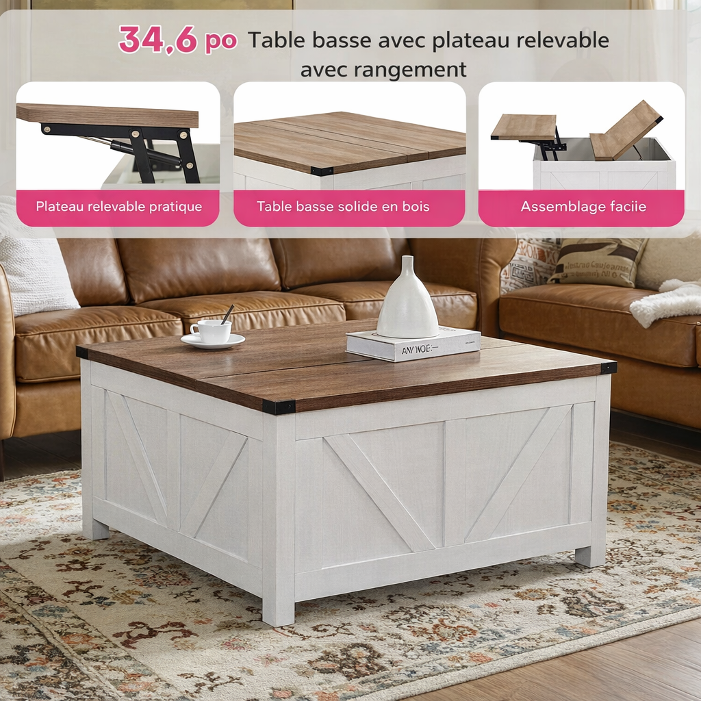 Table basse carrée à plateau relevable en bois design