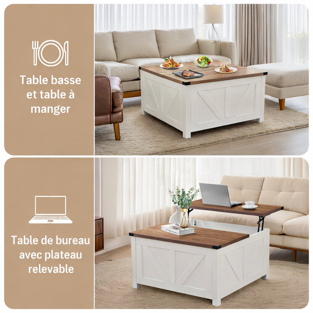 Table basse carrée à plateau relevable en bois design