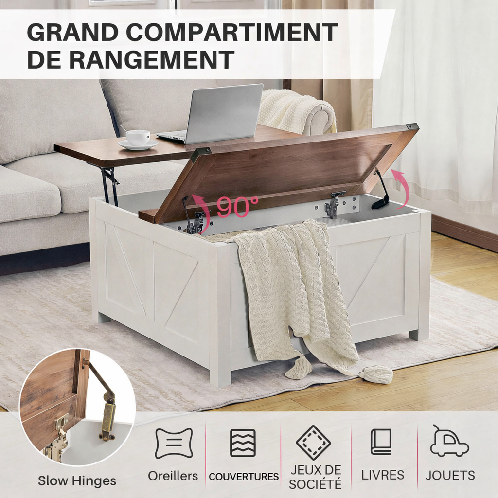 Table basse carrée à plateau relevable en bois design