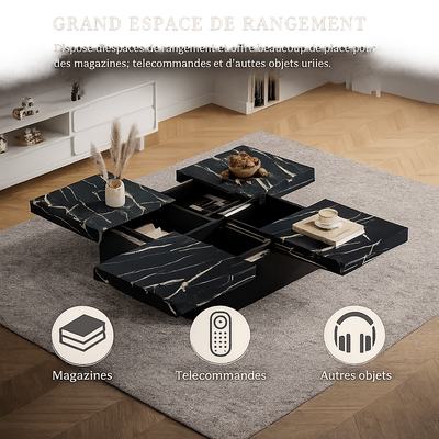 Table basse carrée avec tiroirs et plateau coulissant