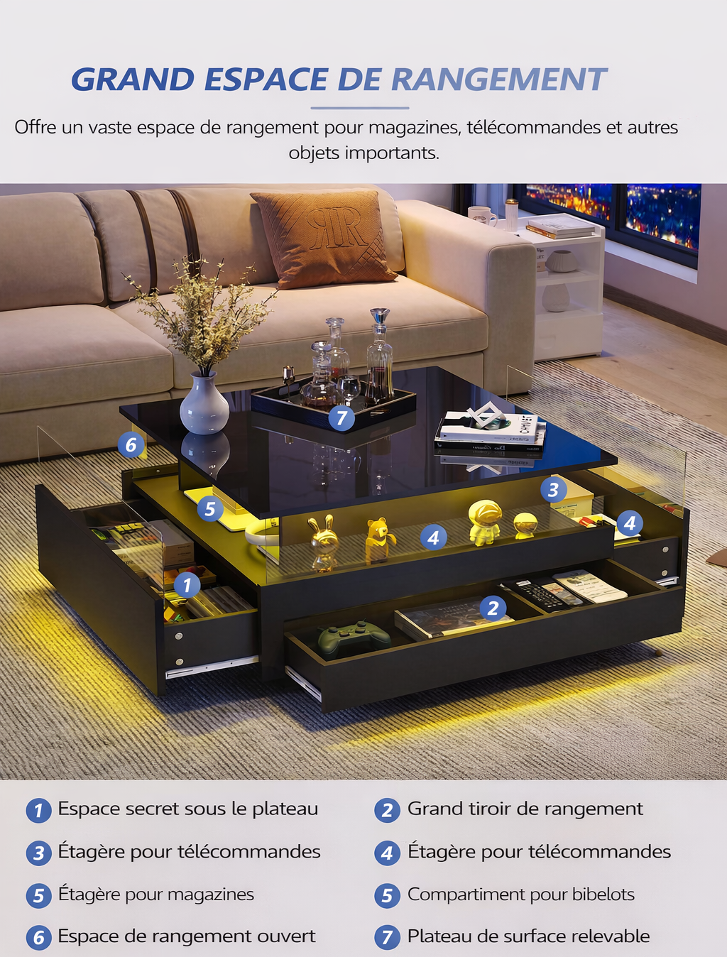 Table basse carrée avec vitrine et LED