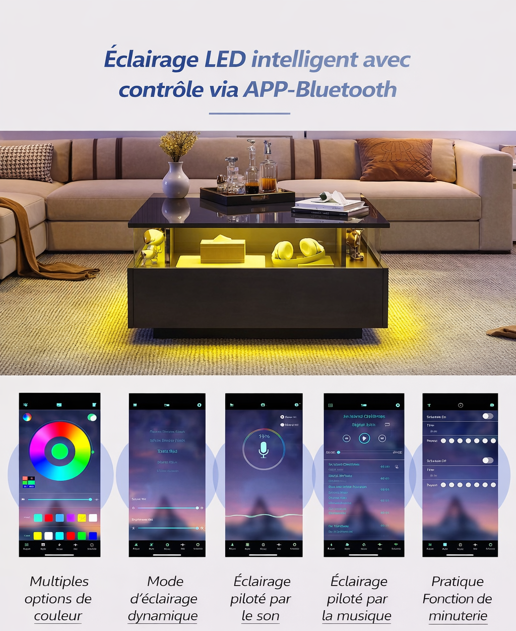 Table basse carrée avec vitrine et LED