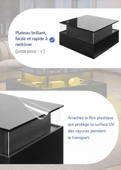 Table basse carrée avec vitrine et LED