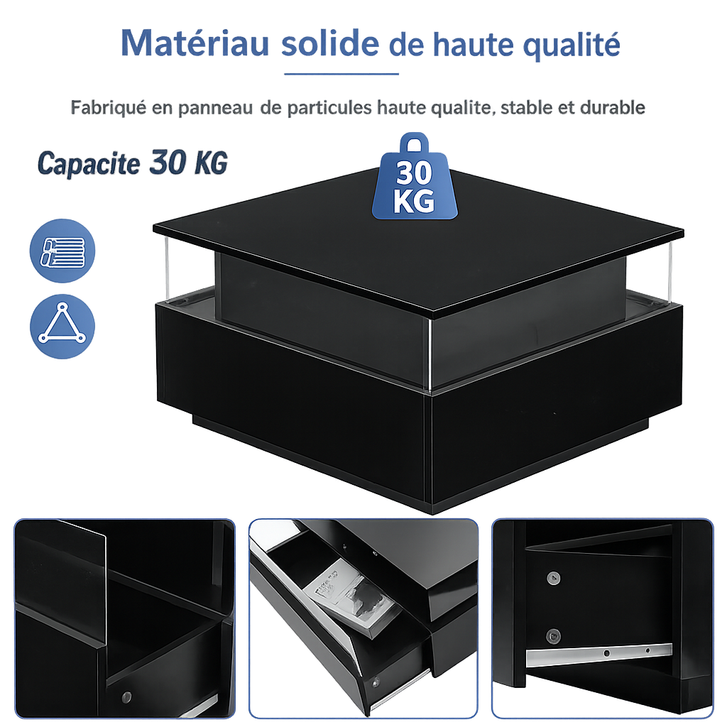 Table basse carrée avec vitrine et LED