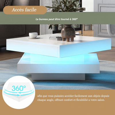 Table basse carrée blanche avec LED et plateau pivotant
