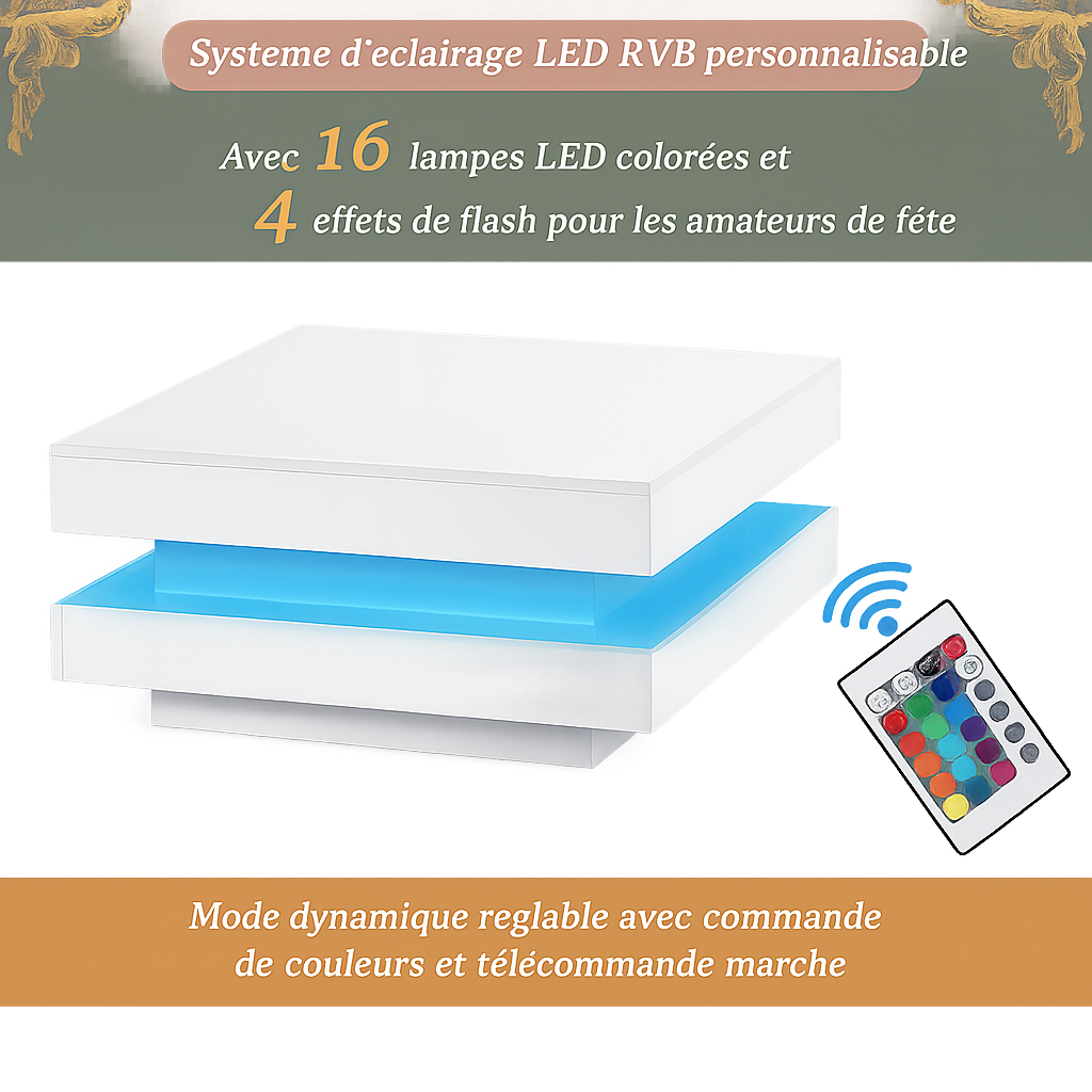 Table basse carrée blanche avec LED et plateau pivotant