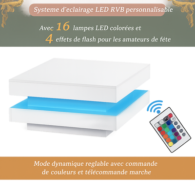 Table basse carrée blanche avec LED et plateau pivotant