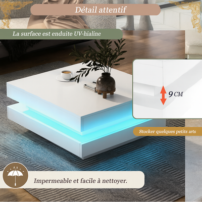 Table basse carrée blanche avec LED et plateau pivotant