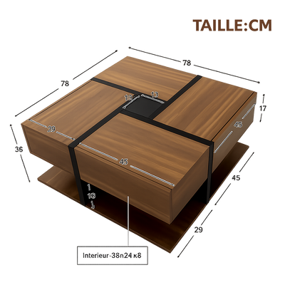 Table basse carrée bois et noir avec tiroirs de rangement