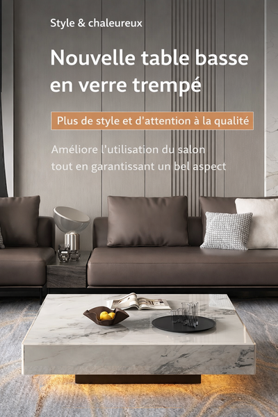 Table basse carrée effet marbre avec plateau en verre trempé
