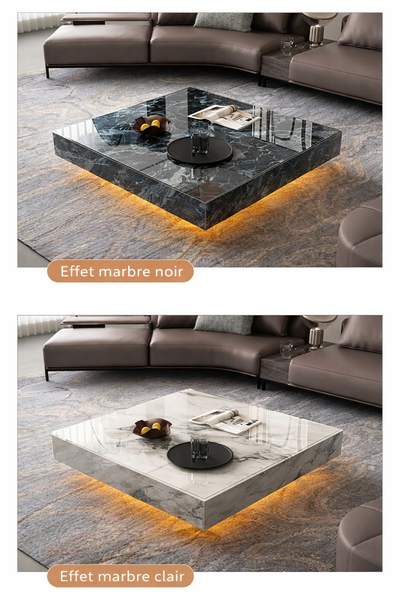 Table basse carrée effet marbre avec plateau en verre trempé