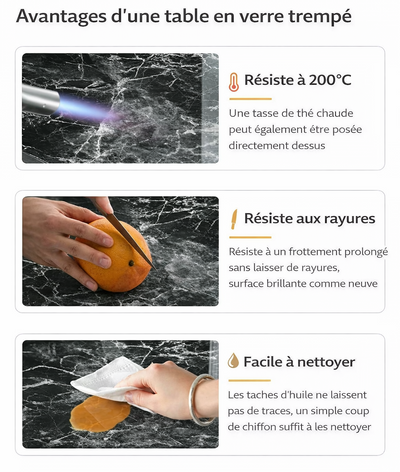 Table basse carrée effet marbre avec plateau en verre trempé