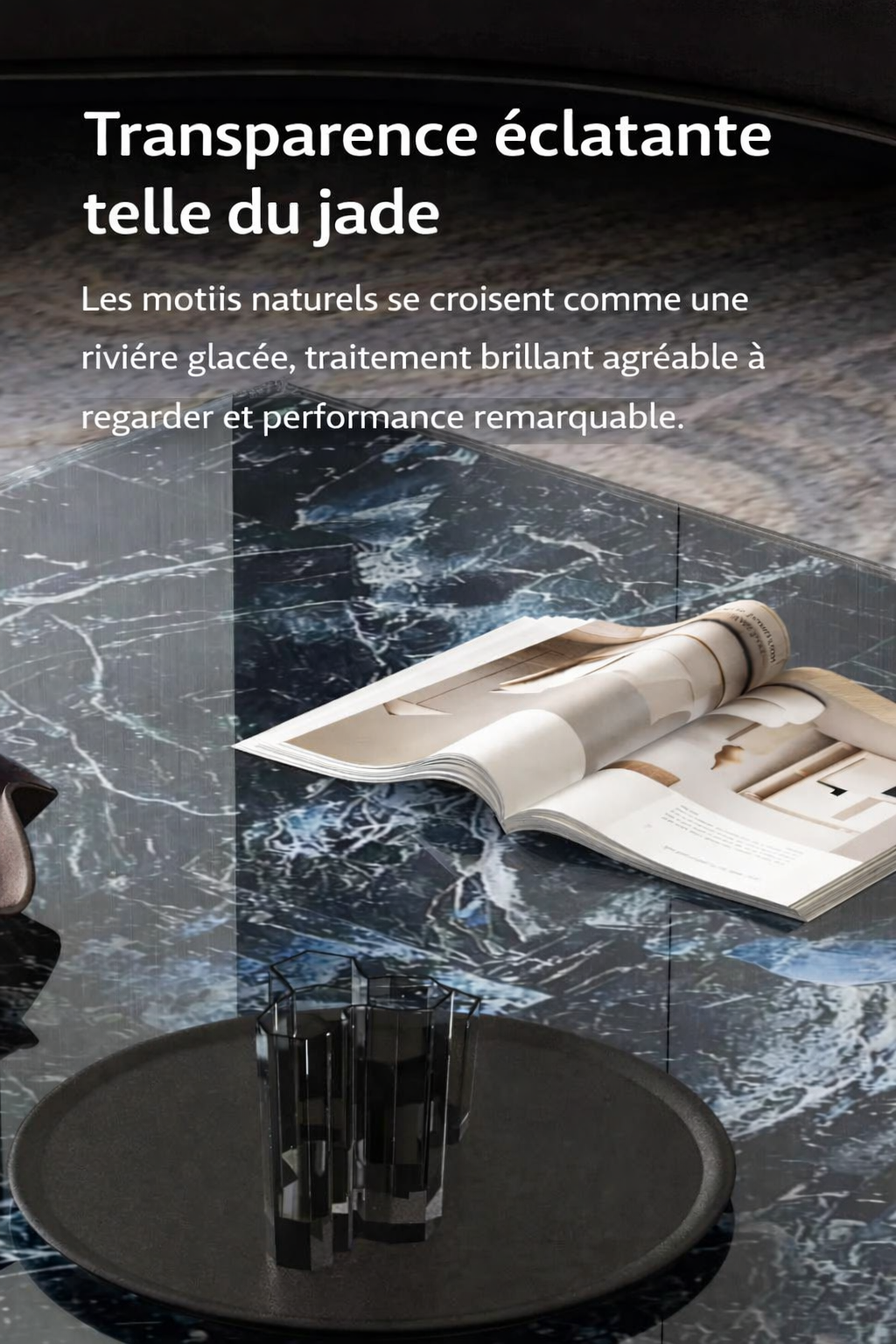 Table basse carrée effet marbre avec plateau en verre trempé