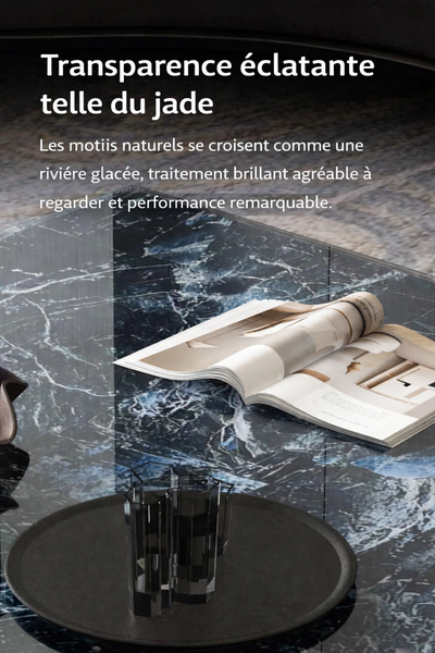 Table basse carrée effet marbre avec plateau en verre trempé